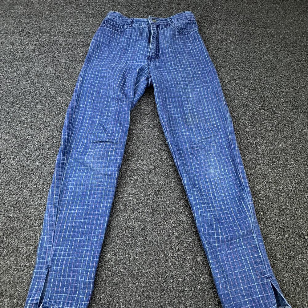 Vtg Jordache Pants Womens Size 12 Blue Check Denim Skinny Ankle Slim Pockets Zip